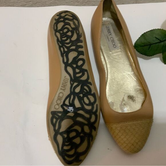 JIMMY CHOO Nude Leather & Python Cap Toe Ballet Flats Neutral Size EU 37.5, US 7 - Picture 9 of 16